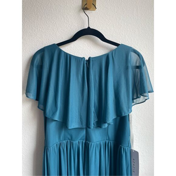 Bridesmaid Ruffle Maxi Dress Azazie Women A12 Teal Blue Formal Romantic Wedding - Picture 10 of 12